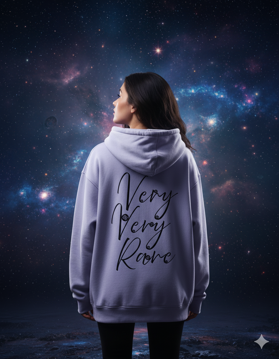 A girl wearing moonearth's rare earth elements hoodie in space.