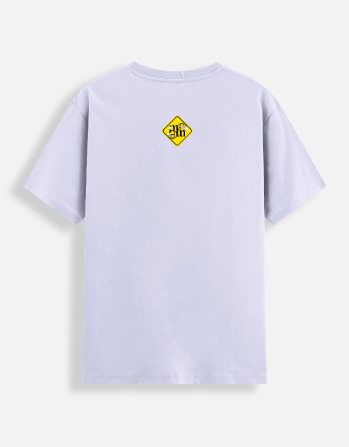 Light purple moonearth t-shirt with a yellow and black logo on the back against a white background