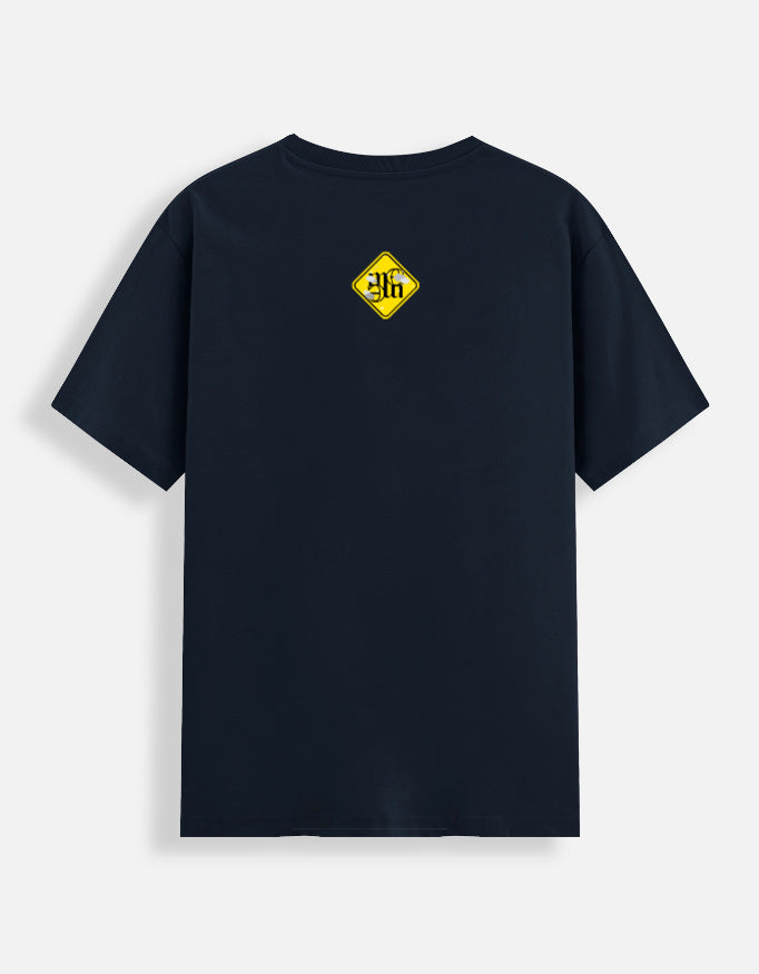 Navy blue moonearth t-shirt with a yellow logo on the back against a white background