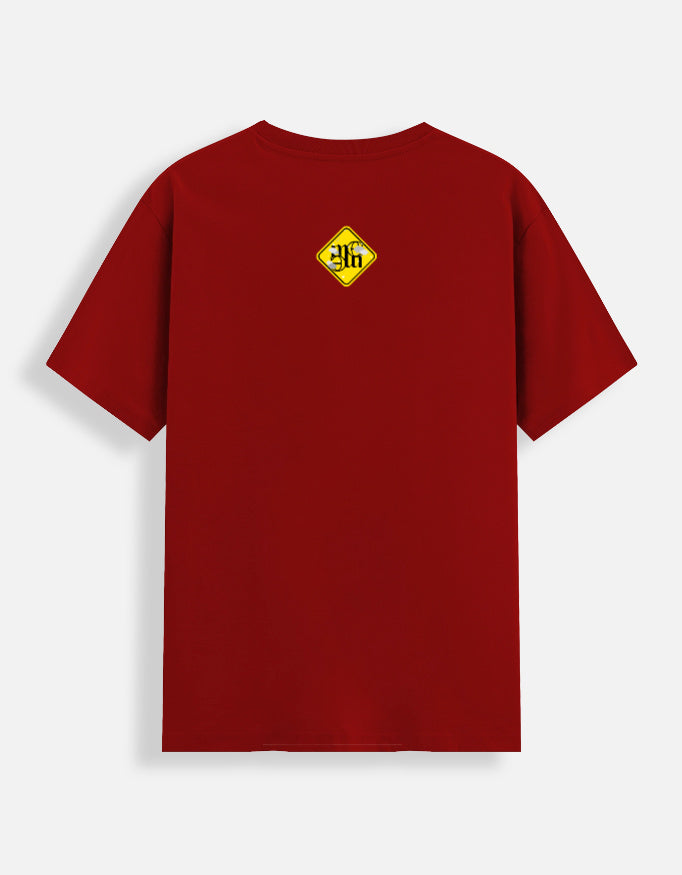 Red moonearth t-shirt with a yellow logo on the back against a white background