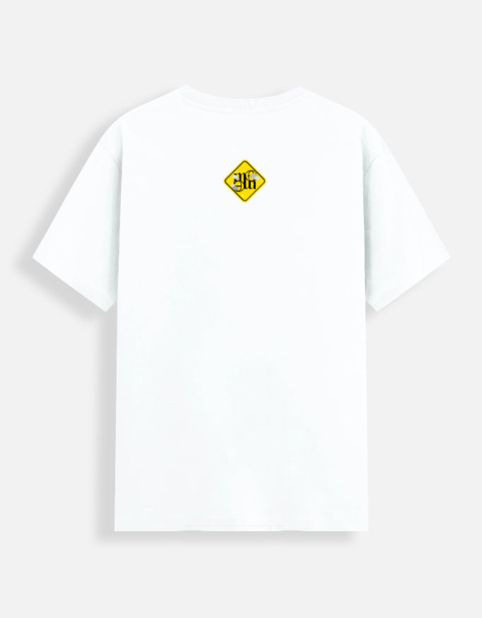 White moonearth t-shirt with a yellow and black logo on a light gray background