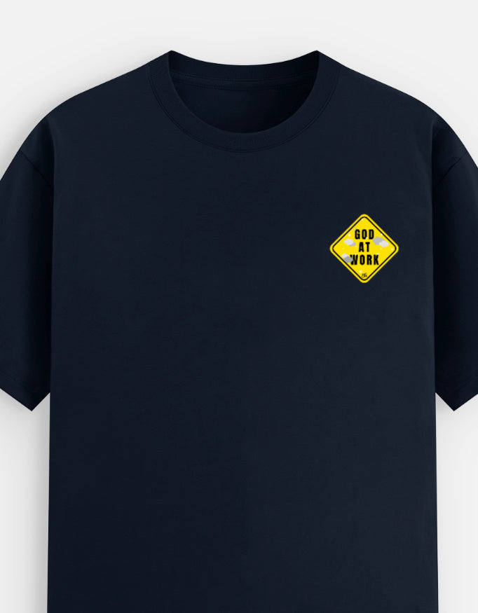 Navy blue moonearth t-shirt with a yellow and black logo on a white background