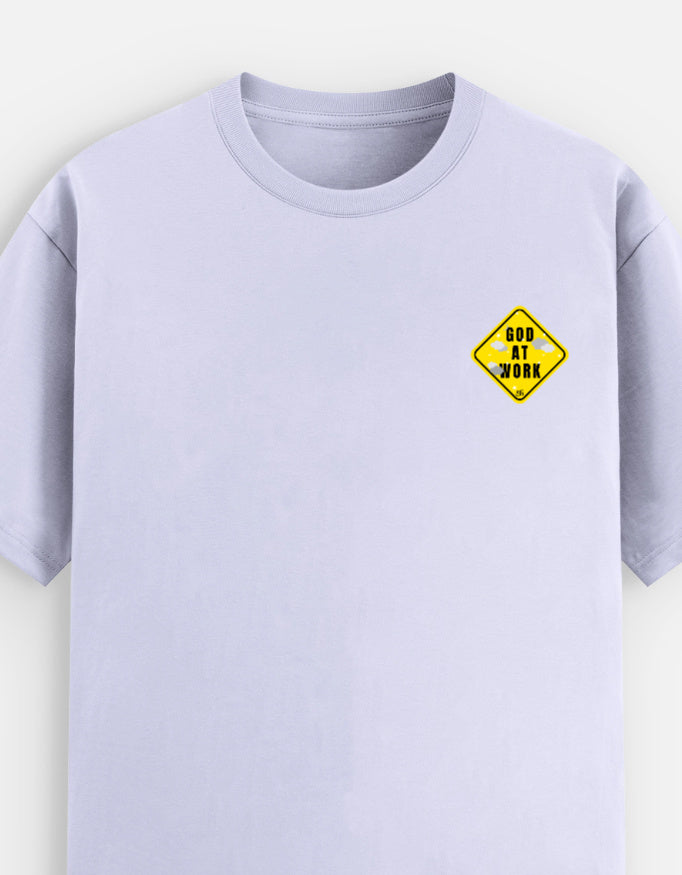 Light purple moonearth t-shirt with a yellow and black graphic on a white background