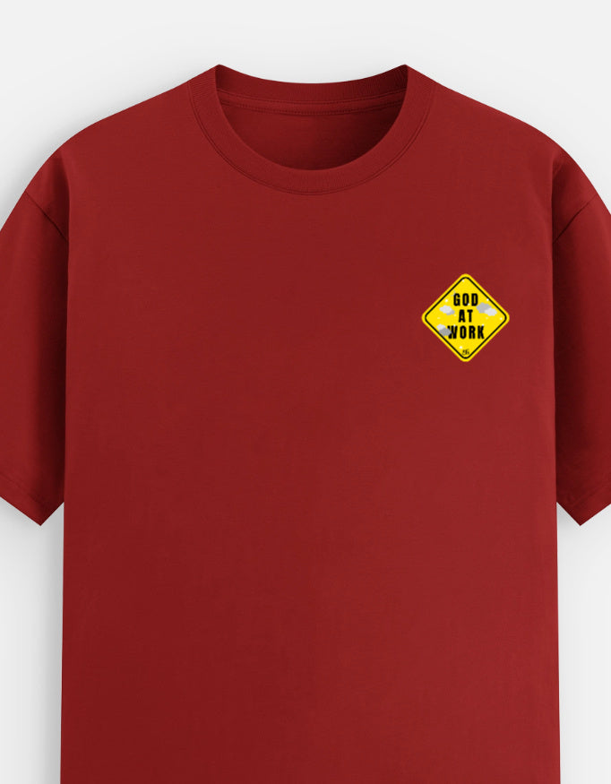 Red moonearth t-shirt with a yellow and black graphic on a white background