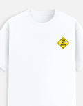 White moonearth t-shirt with a yellow and black logo on a light gray background