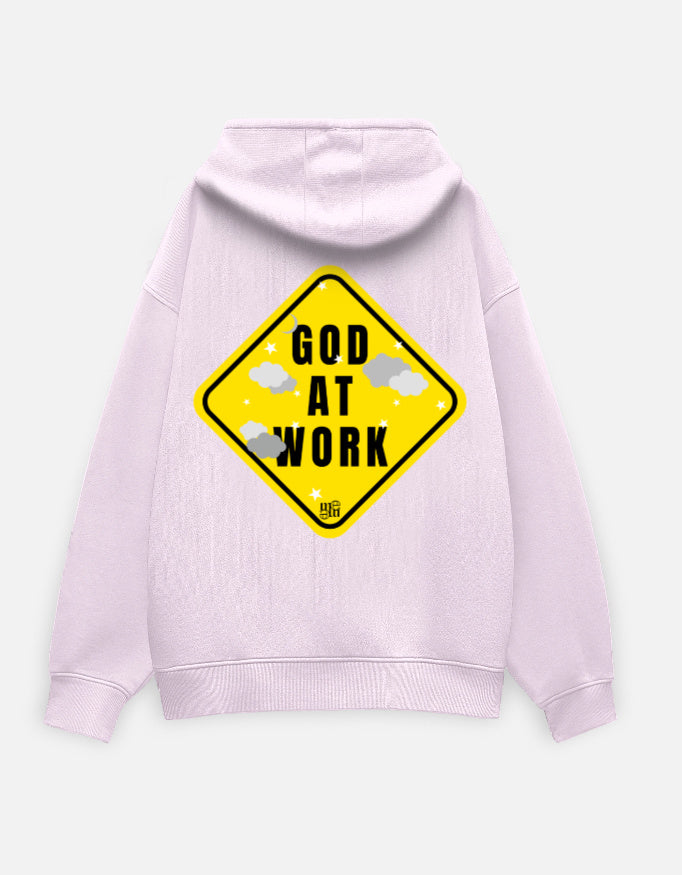 Light pink moonearth hoodie with a yellow and black graphic on the back on a white background