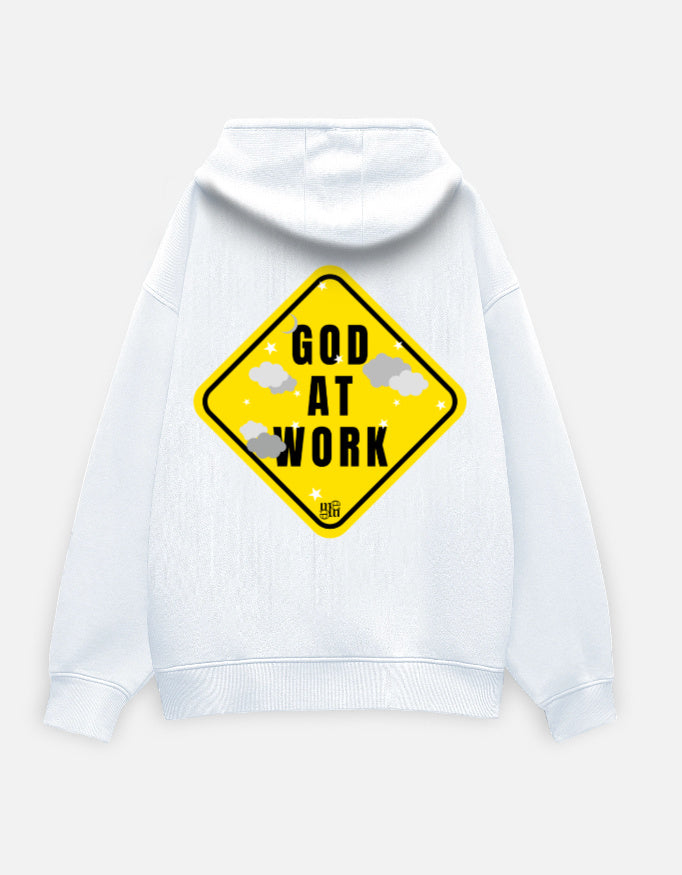 White moonearth hoodie with a yellow and black 'God at Work' sign design on the back against a light gray background.