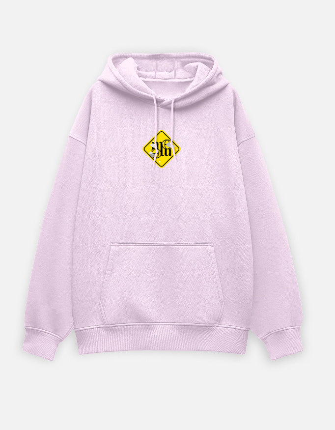 Light pink moonearth hoodie with a yellow and black logo on a white background