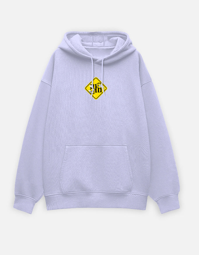 Light purple moonearth hoodie with a yellow and black logo on a light gray background