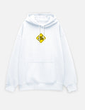 White moonearth hoodie with a yellow and black logo on a light gray background