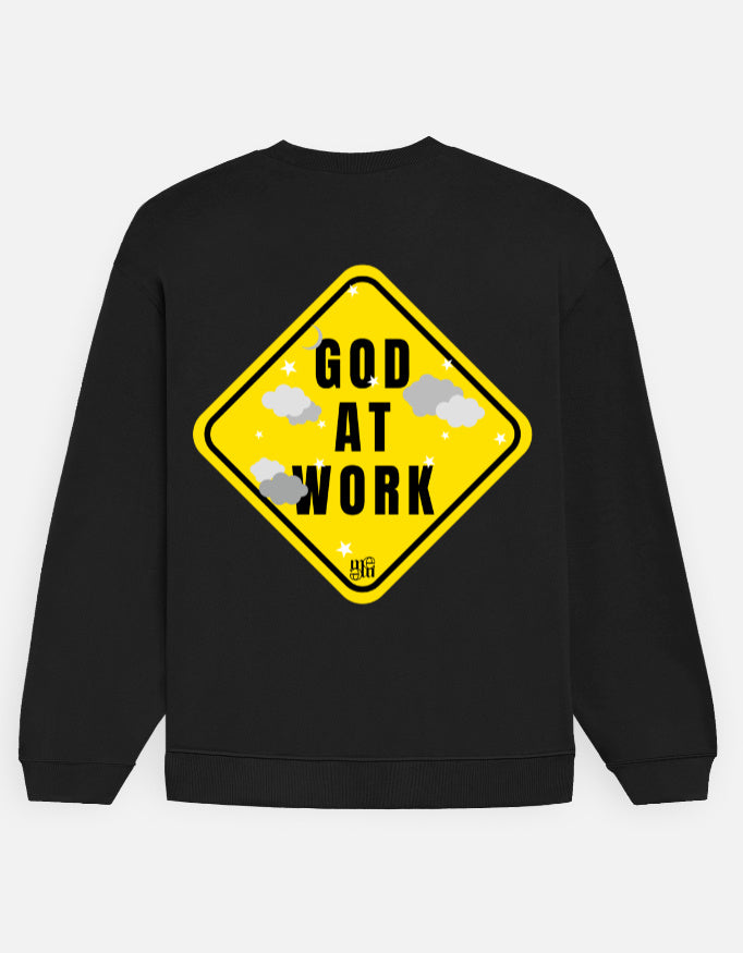 Black moonearth sweatshirt with a yellow warning sign graphic on the back, featuring the text 'GOD AT WORK'.
