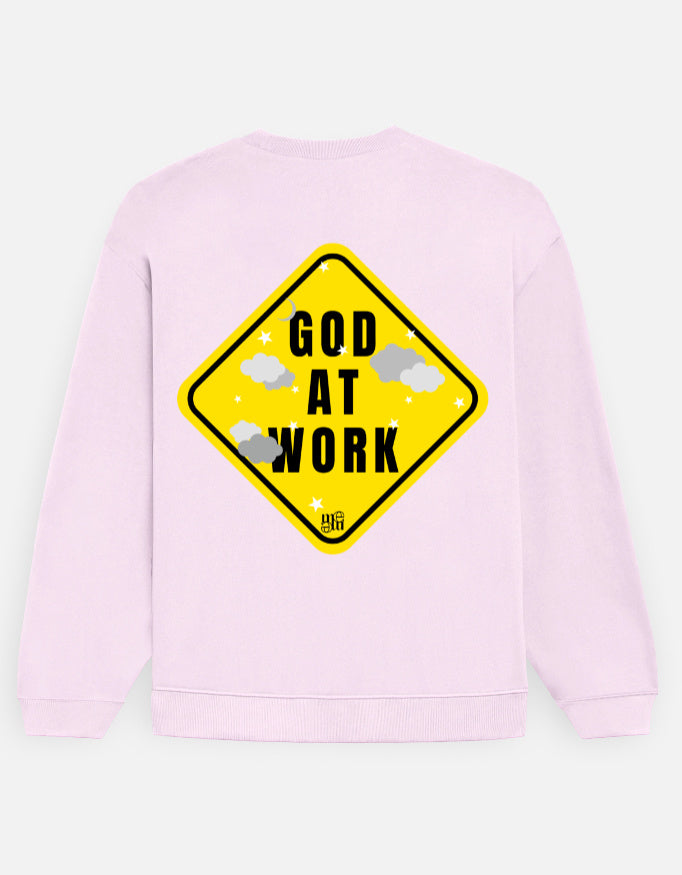 Light pink moonearth sweatshirt with a yellow warning sign graphic and text on a light gray background