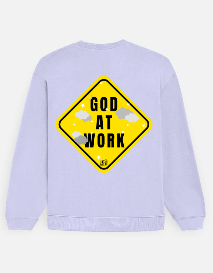 Light purple moonearth sweatshirt with a yellow and black graphic on the back, featuring the text 'God at Work'.
