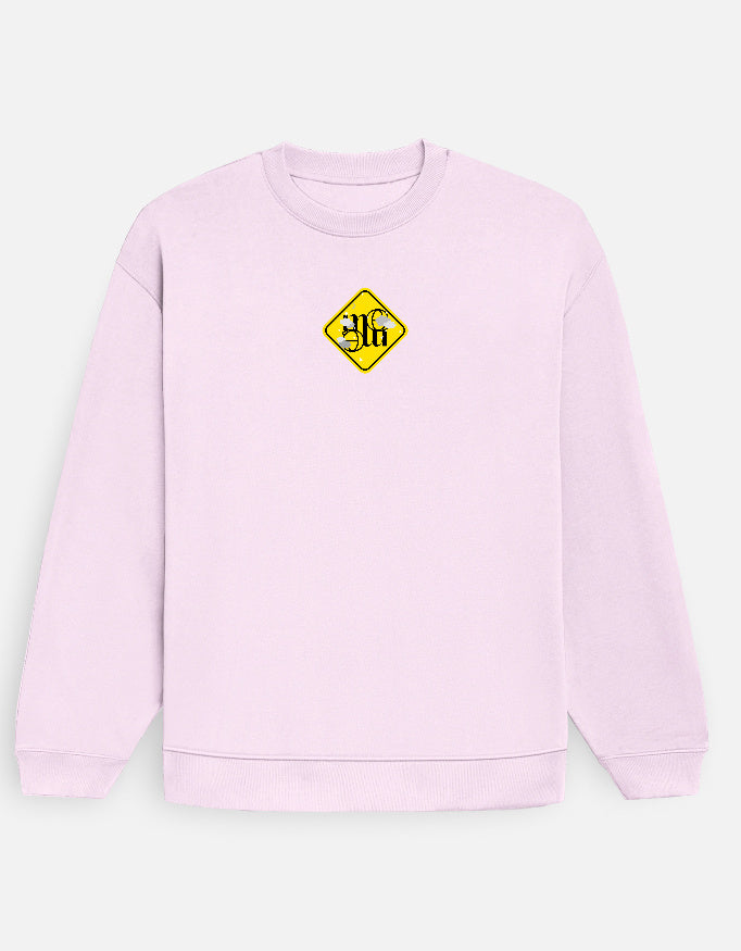 Light pink moonearth sweatshirt with a yellow and black logo on a light gray background