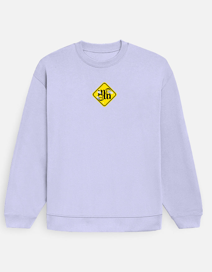 Light purple moonearth sweatshirt with a yellow and black logo on a light gray background