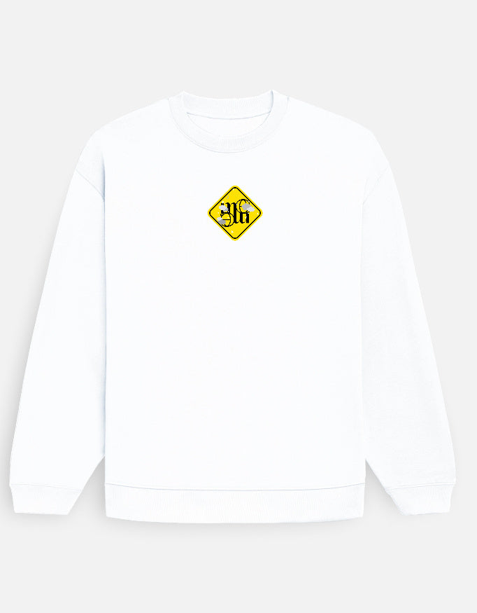 White moonearth sweatshirt with a yellow and black logo on a light gray background