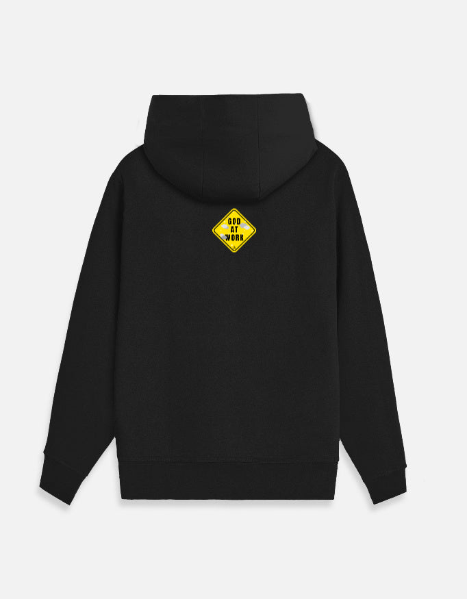 Black moonearth embroidered zip hoodie with a yellow and black logo on the back against a light gray background
