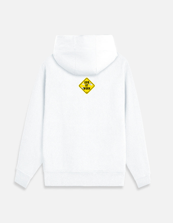 White moonearth embroidered zip hoodie with a yellow and black logo on a light gray background