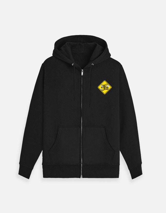 Black moonearth zip hoodie with a yellow logo on a light gray background