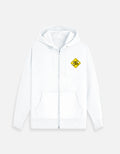 White moonearth embroidered zip hoodie with a yellow and black logo on a light gray background
