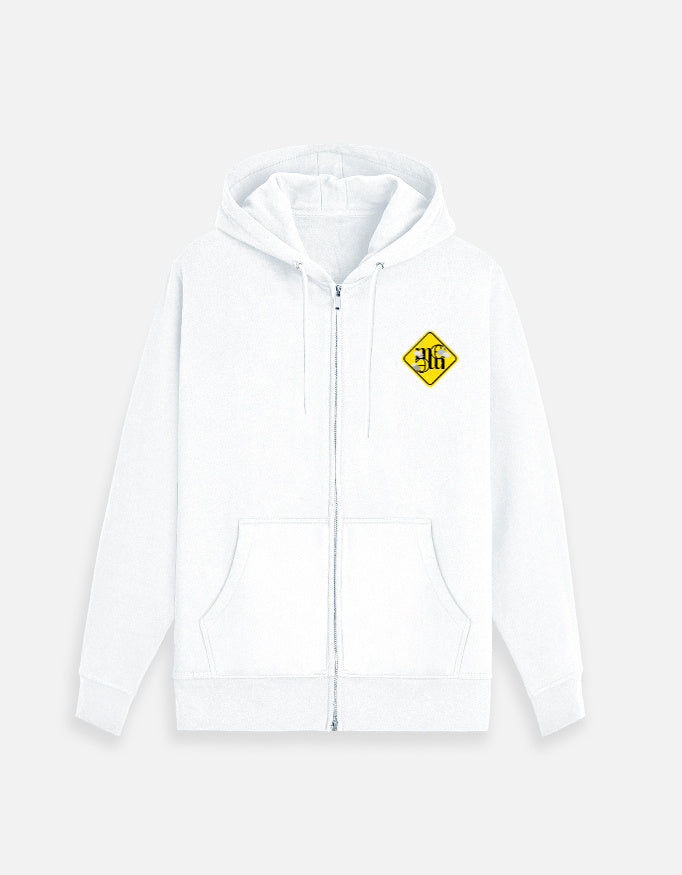 White moonearth embroidered zip hoodie with a yellow and black logo on a light gray background