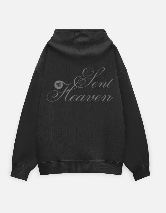 Black moonearth hoodie with 'Heaven Sent' text on the back against a light gray background