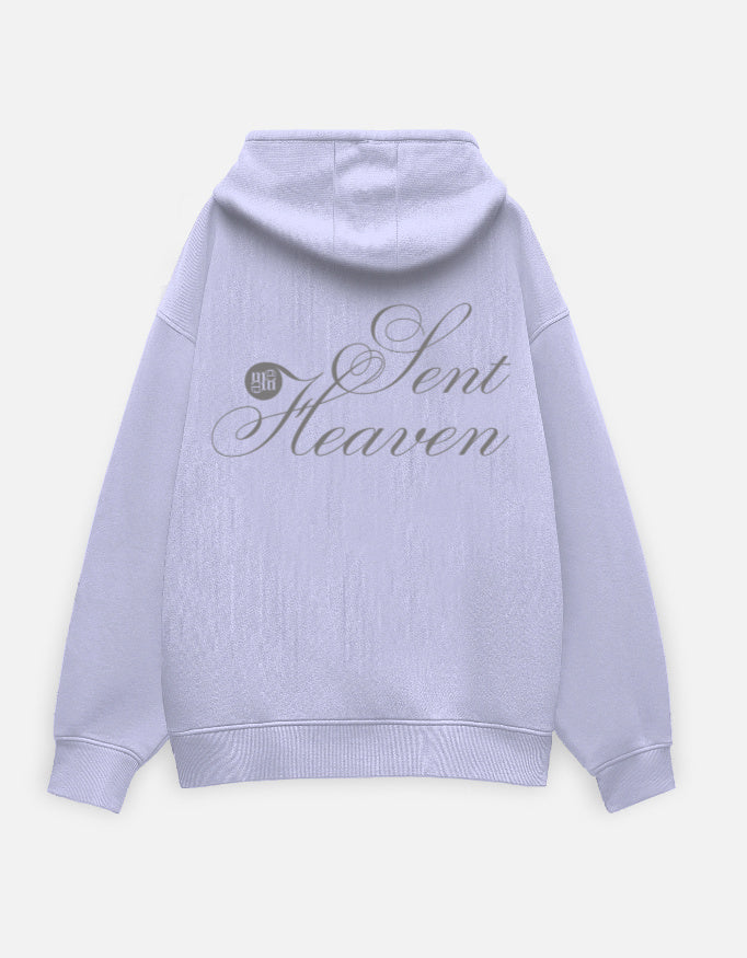 Light purple moonearth hoodie with 'Heaven Sent' text on the back against a light gray background