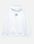 White hoodie with a moonearth logo on the chest against a light gray background
