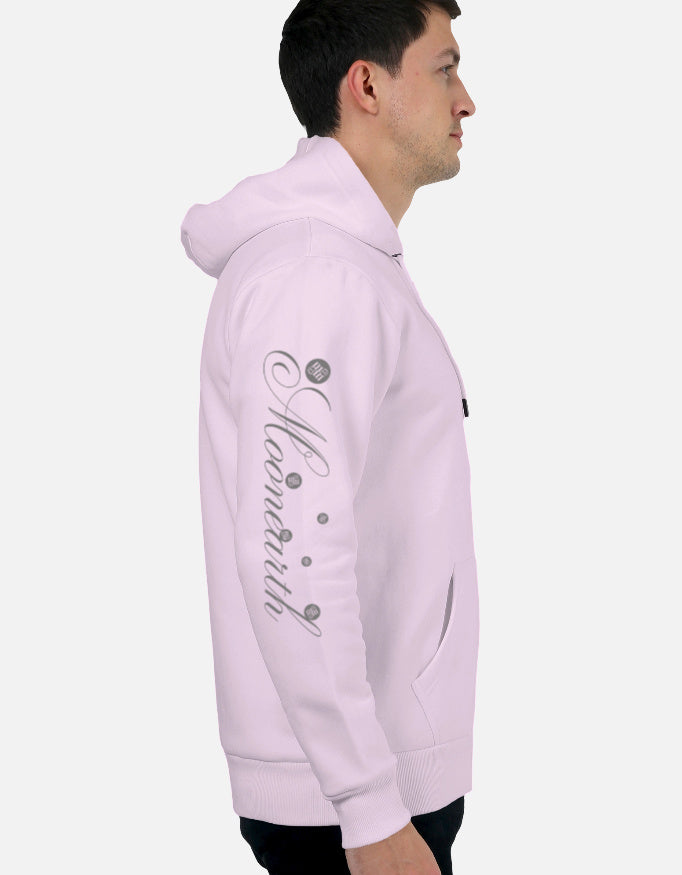 Person wearing a light pink moonearth hoodie with text on the sleeve against a light gray background