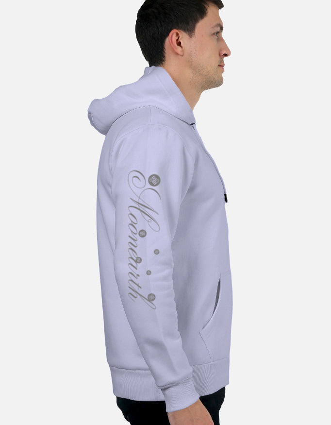 Person wearing a lavender moonearth hoodie with branding on a light gray background