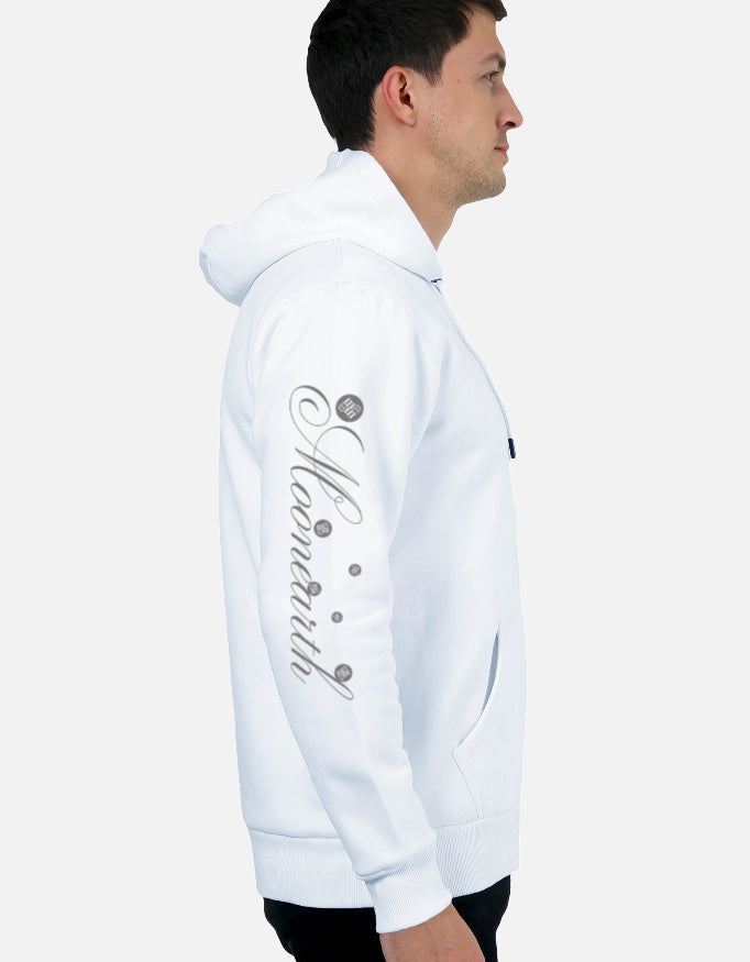 Person wearing a white moonearth hoodie with text on the sleeve against a light gray background