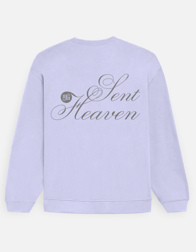 Light purple moonearth sweatshirt with 'Heaven Sent' text on the back against a light gray background