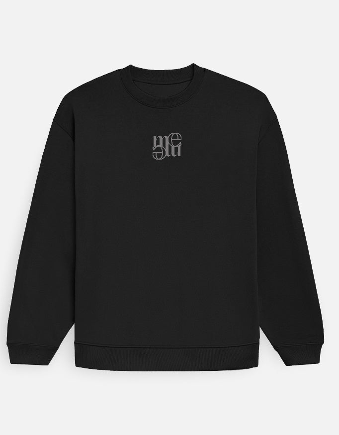 Black sweatshirt with a moonearth logo on the chest against a light gray background