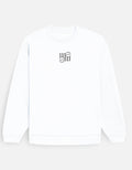 White sweatshirt with a moonearth logo on the chest against a light gray background