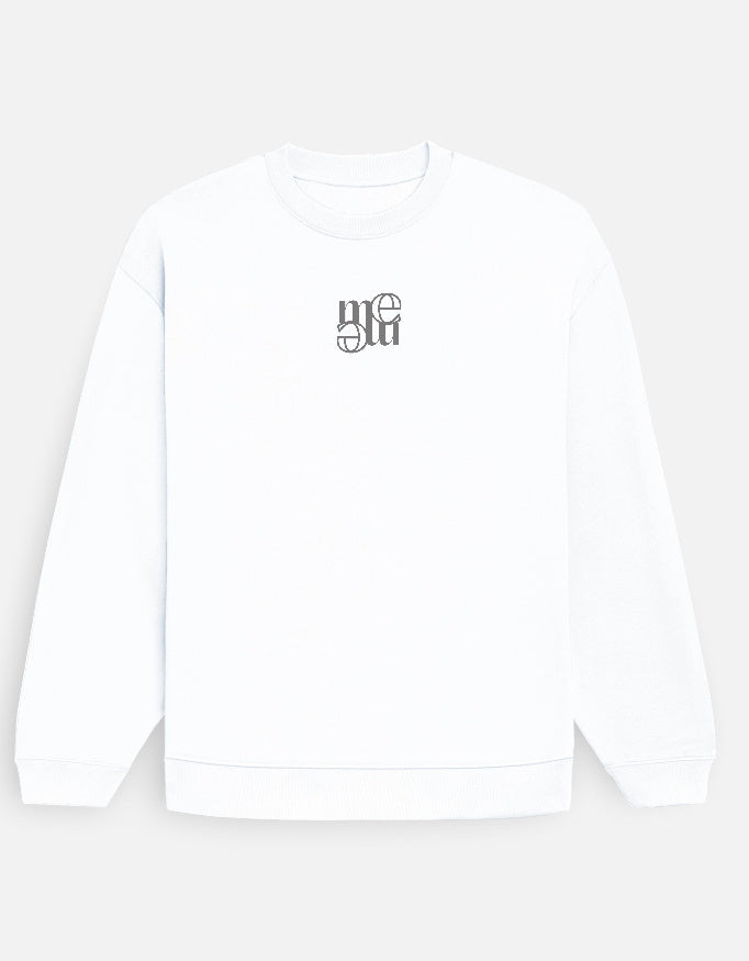 White sweatshirt with a moonearth logo on the chest against a light gray background
