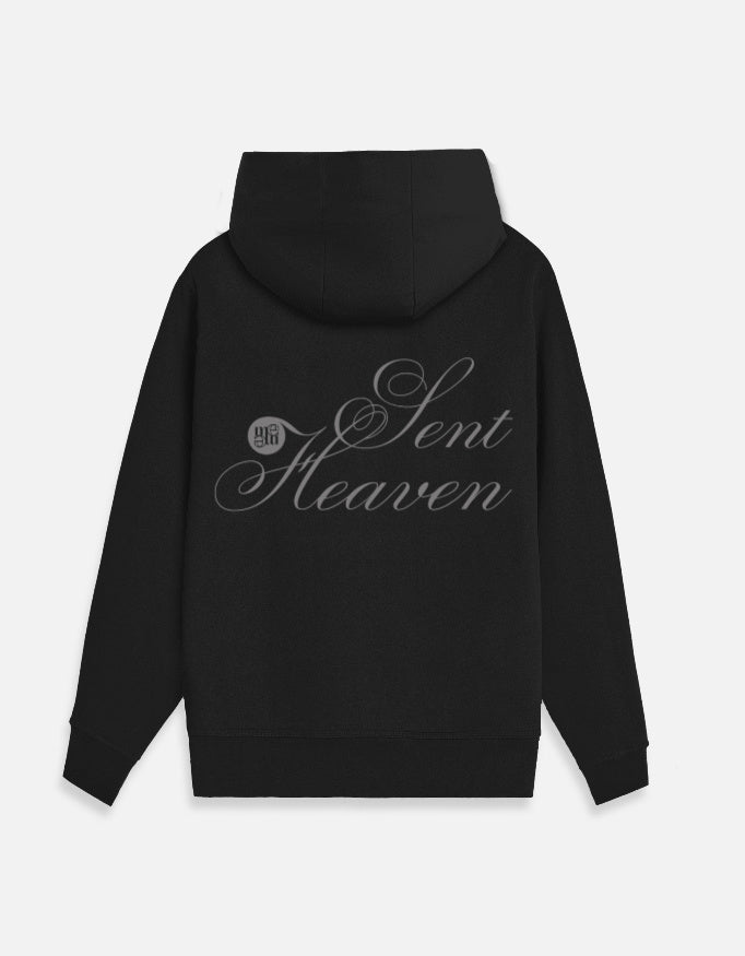 Black moonearth hoodie with 'Heaven Sent' text on the back against a light gray background