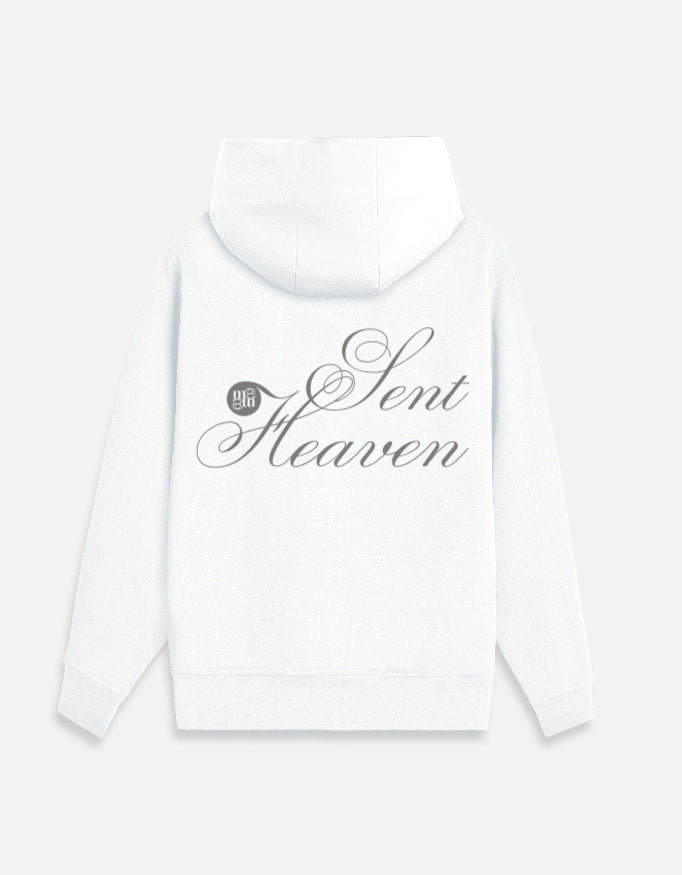 White moonearth zip hoodie with 'Heaven Sent' text on a light gray background