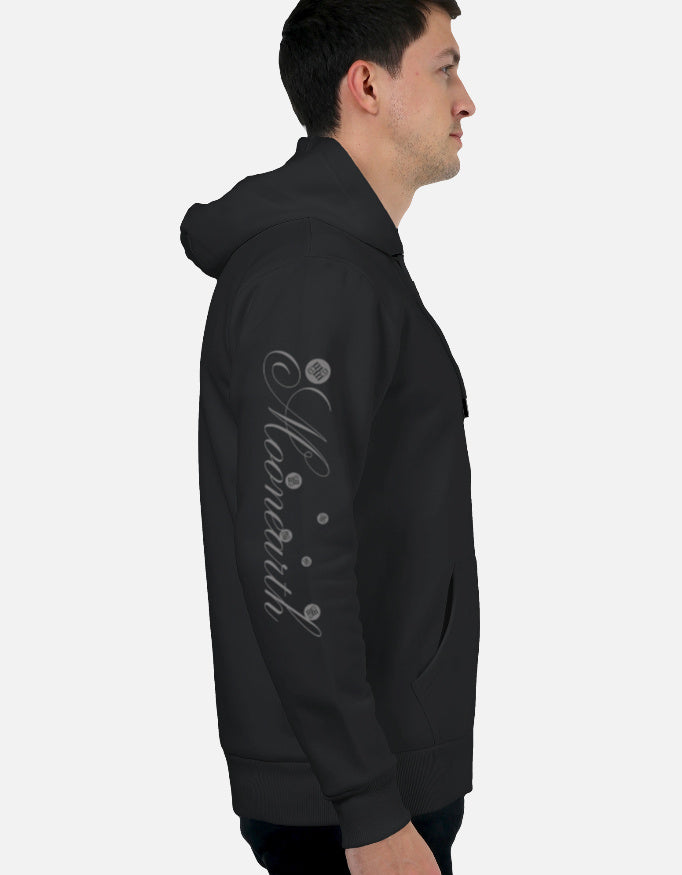 Person wearing a black moonearth hoodie with text on the sleeve against a white background