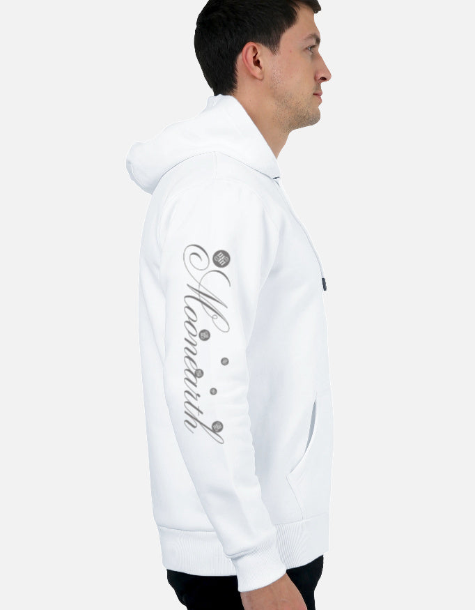 Person wearing a white moonearth zip hoodie with text on the sleeve against a light gray background
