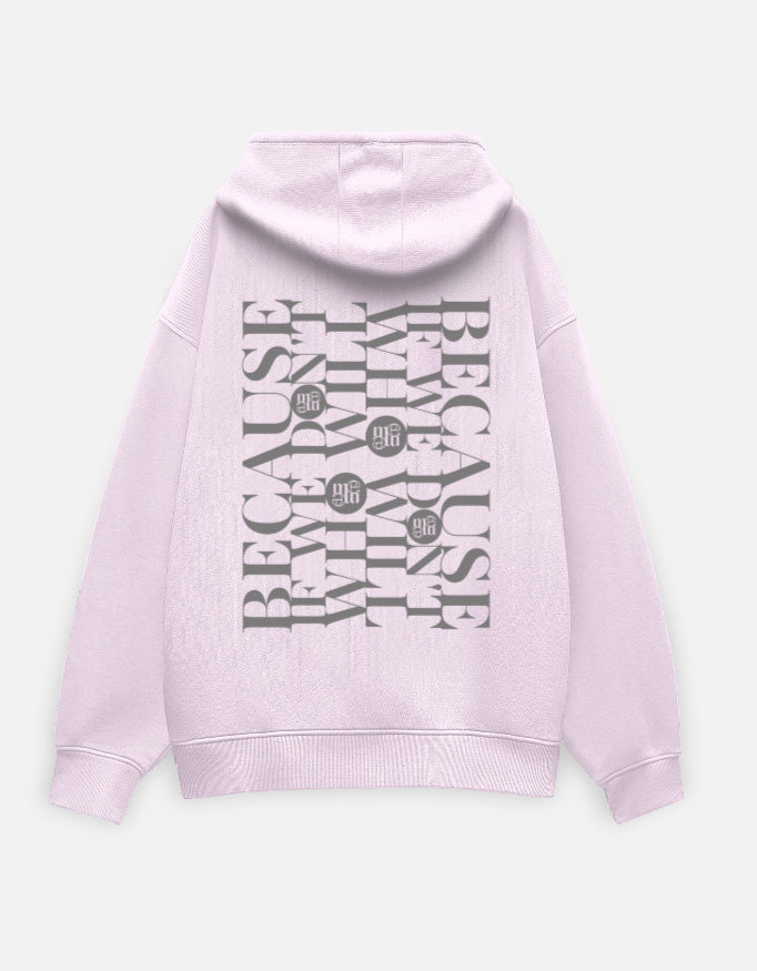Light purple hoodie with moonearth text design on the back against a light gray background