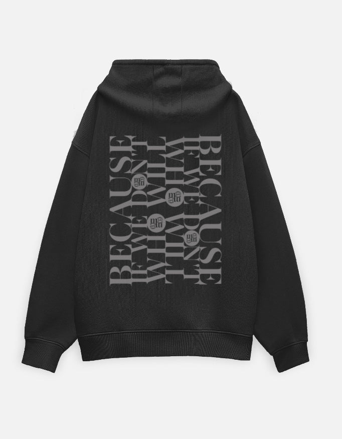 Black moonearth hoodie with text design on the back against a light gray background