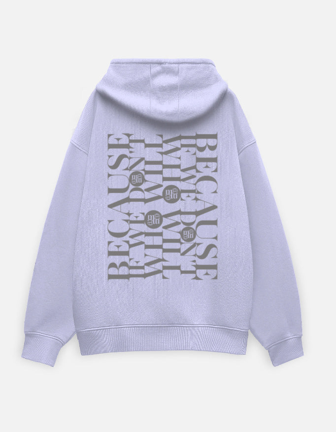 Light purple moonearth hoodie with text design on the back against a light gray background