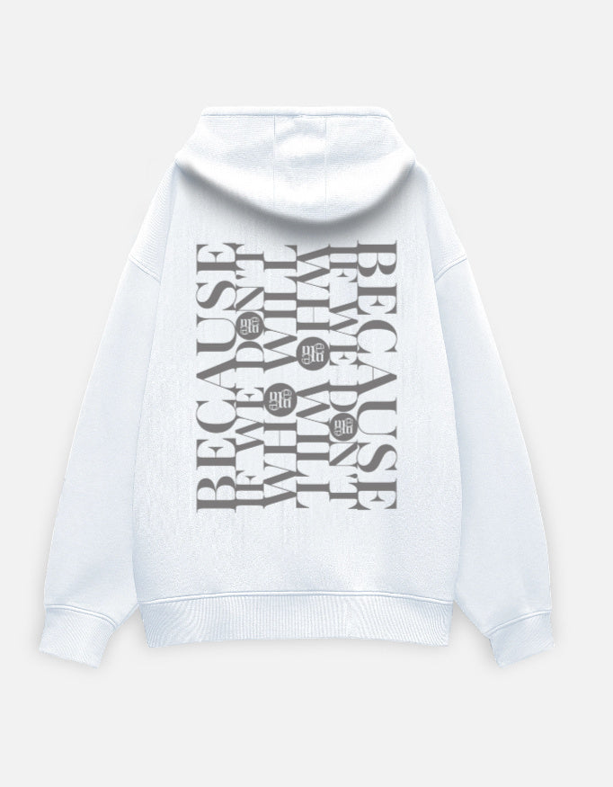 White moonearth hoodie with text design on a light gray background