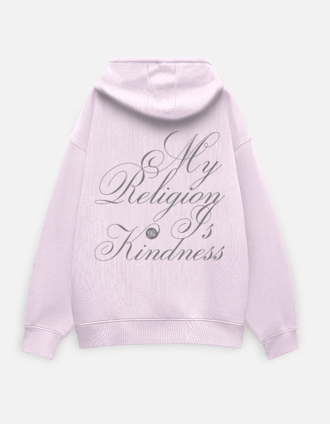 Light pink moonearth hoodie with 'My Religion Is Kindness' text on a light gray background