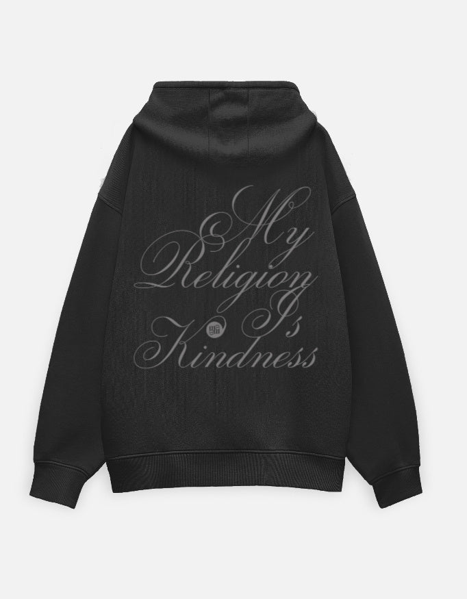 Black moonearth hoodie with 'My Religion is Kindness' text on the back against a light gray background