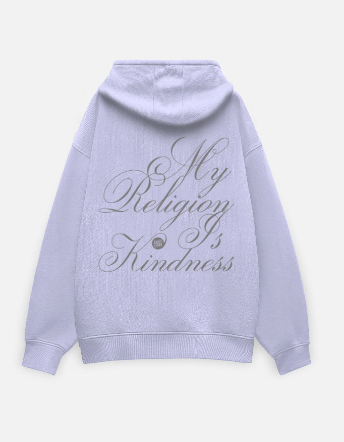 Light purple moonearth hoodie with 'My Religion Is Kindness' text on a light gray background