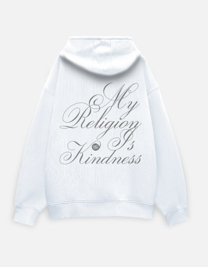 White moonearth hoodie with 'My Religion Is Kindness' text on a light gray background