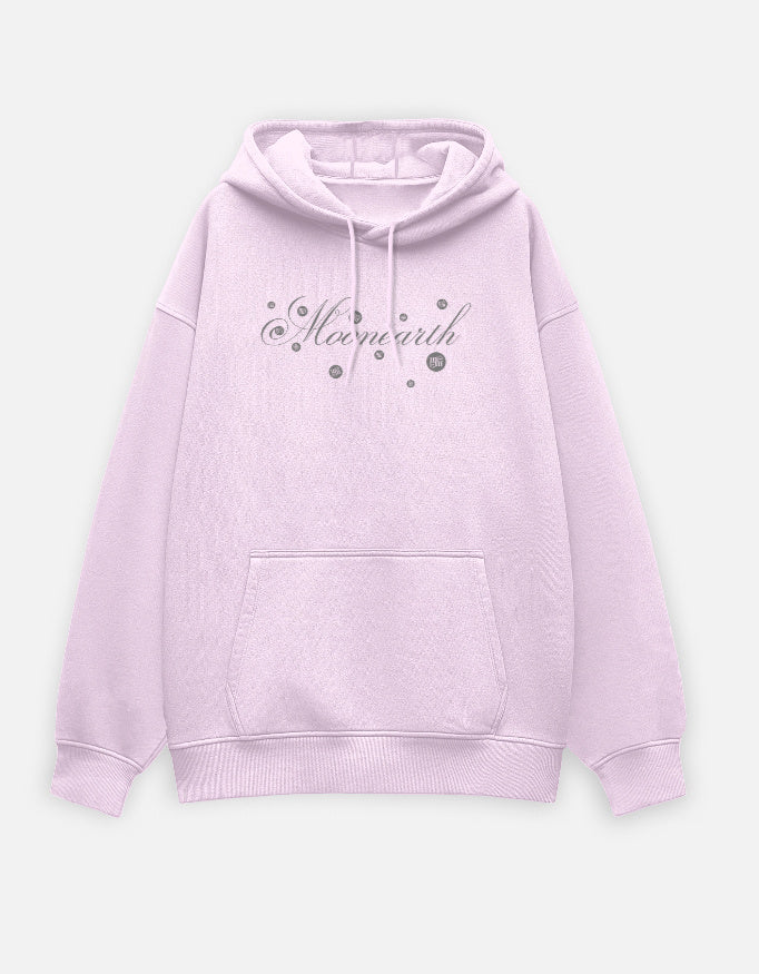 Light pink hoodie with 'Moonearth' text on a light gray background