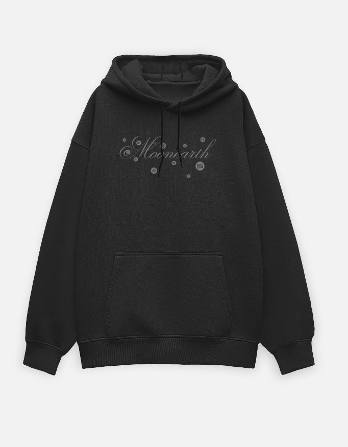 Black hoodie with 'Moonearth' text on a light gray background