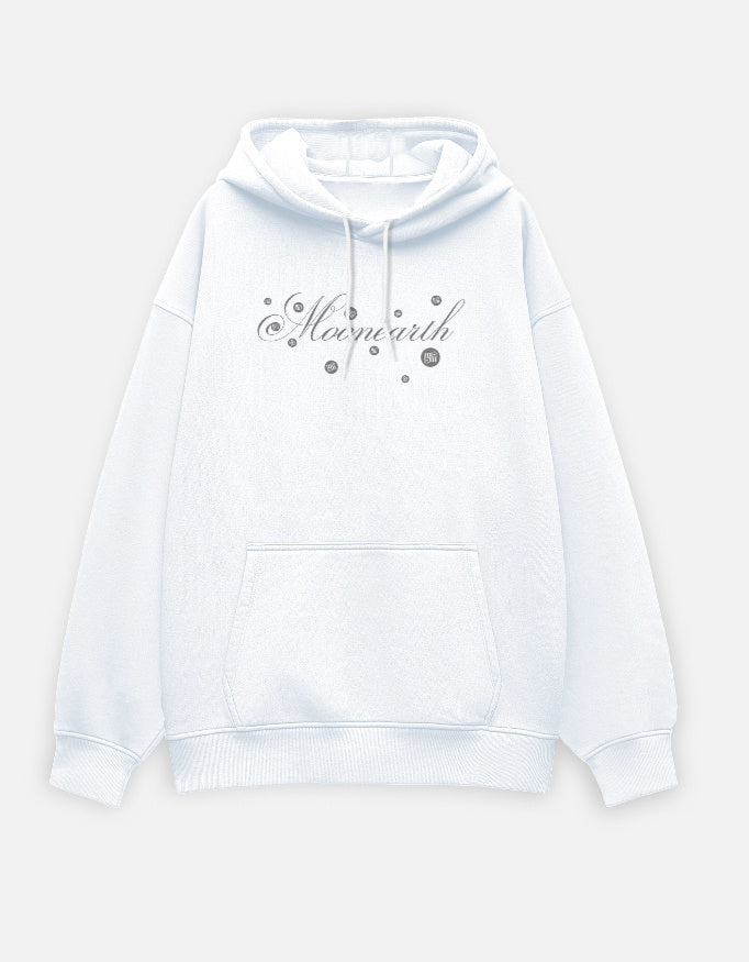 White hoodie with 'Moonearth' branding on a light gray background
